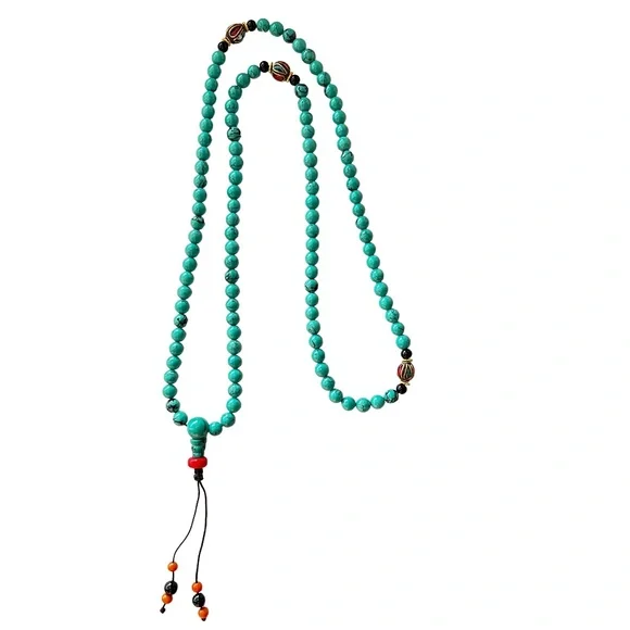 Tibetan Prayer Beads (108) with Red Coral and Turquoise Accents Handmade - Picture 4 of 4